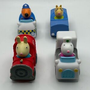 Lot of 4 Peppa Pig Character Vehicles Rebecca Rabbit, Pedro, Susie, Freddy Fox